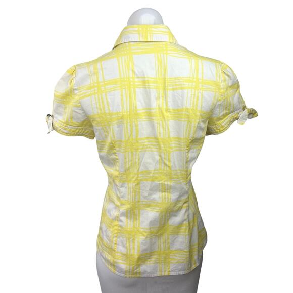 Express Design Studio Yellow White Plaid Button Down Short Sleeve Shirt Top Sz M - Picture 2 of 4